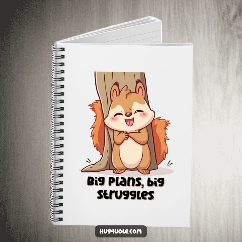 Funny squirrel notebook with a kawaii squirrel comically failing to hug an oversized item, perfect for jotting down funny thoughts and ideas.