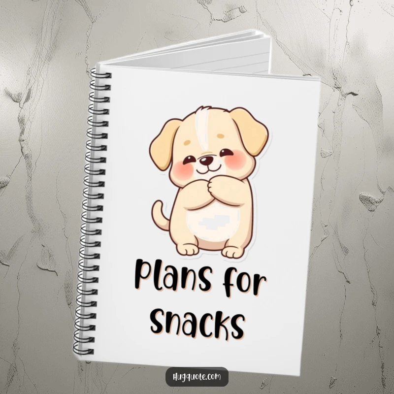 Funny notebook with a chubby puppy character wagging its tail during a hug, ideal for jotting down happy thoughts and ideas.