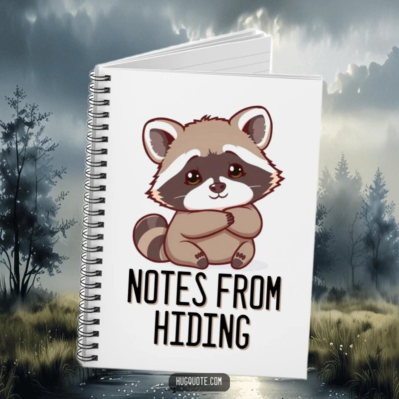 Funny Raccoon Notebook with a curious raccoon peeking from behind a hug, perfect for writing and note-taking.