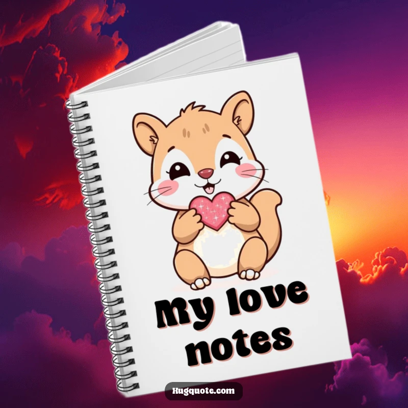 Funny notebook cover with a cheerful squirrel character presenting a small, sparkly heart, inspiring sweet and loving thoughts.