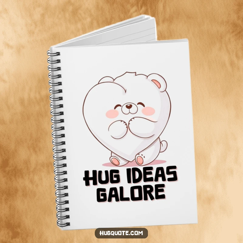 Funny notebook featuring a fluffy bear character joyfully hugging a giant marshmallow heart, ideal for note-taking fun.