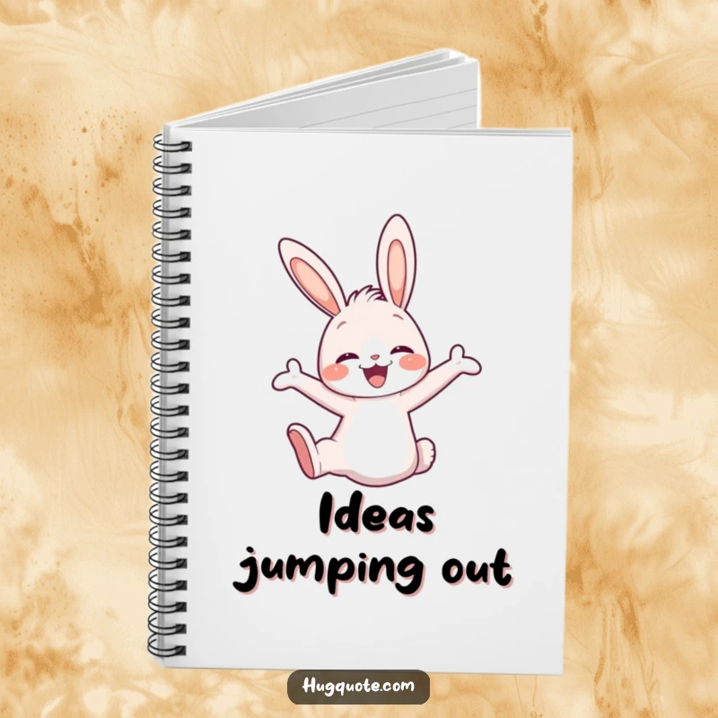 Funny notebook with a cute bunny character joyfully leaping into an embrace, ideal for jotting down notes and inspirations.