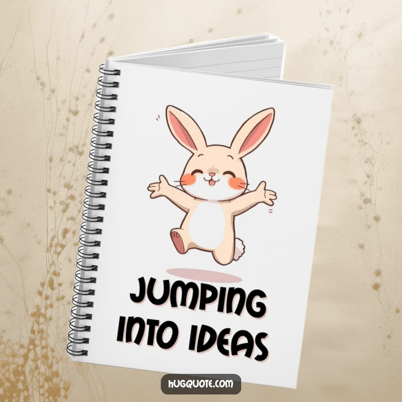 Funny notebook with a small bunny character leaping with open arms, symbolizing eagerness and a love for jotting down ideas.