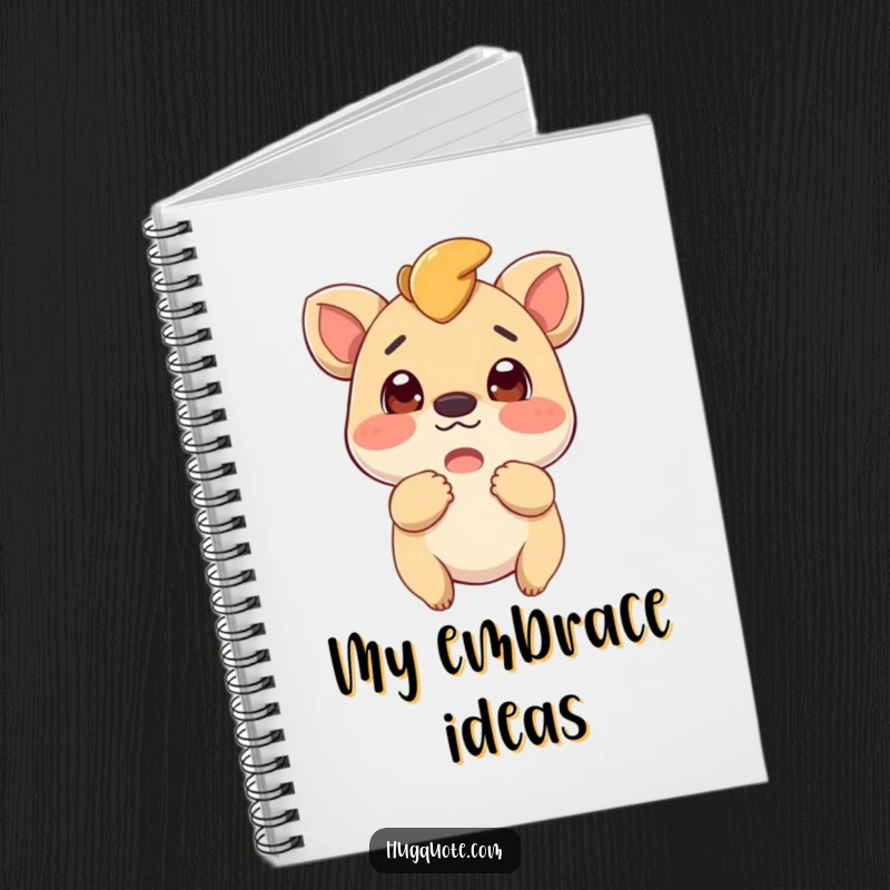 Funny notebook with a curious and excited creature ready for a hug, encouraging users to write with enthusiasm.