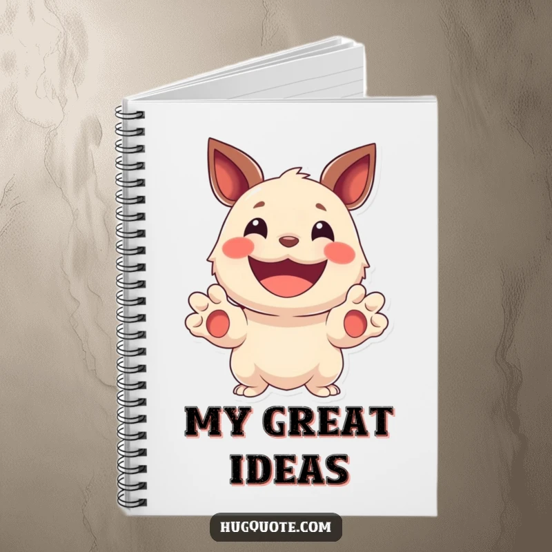 Funny notebook cover depicting a smiling creature holding out its paws, inviting users to write and create with joy.