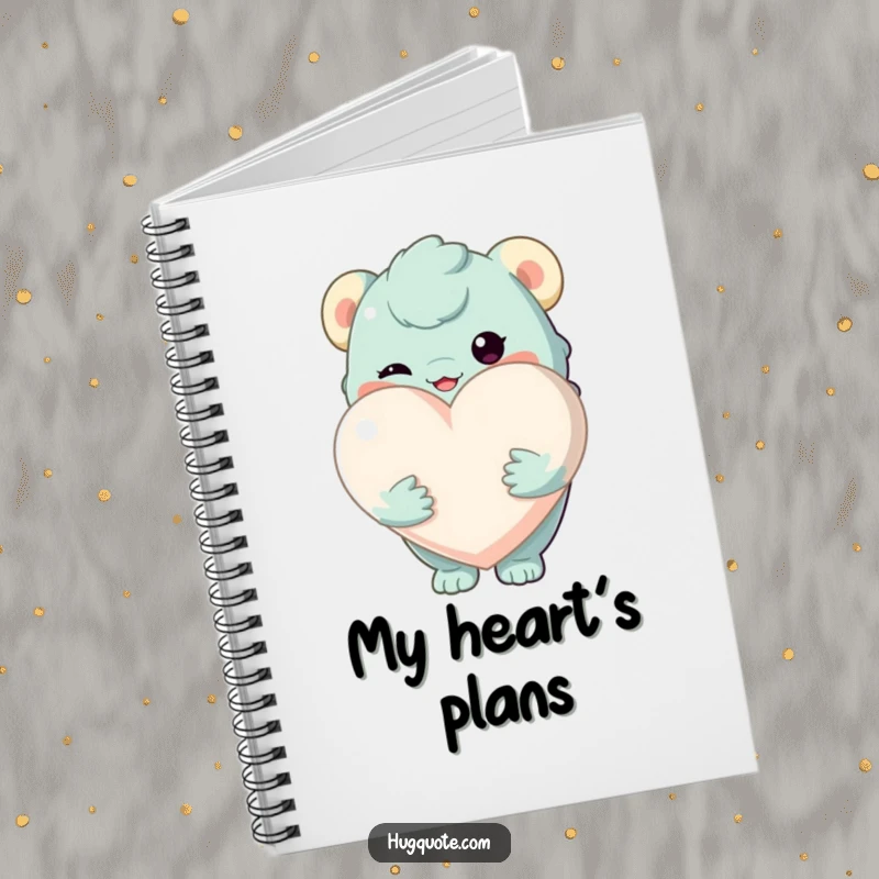 Funny notebook with a creature holding a large, soft heart, encouraging users to write with love and affection.