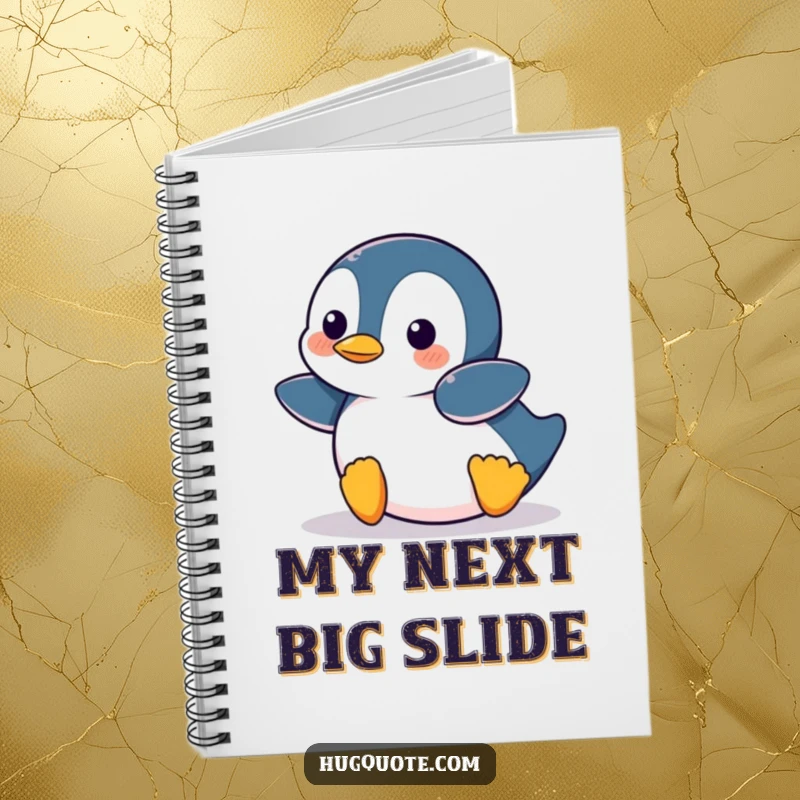 Funny Penguin character mid-slide on a notebook cover, symbolizing spontaneous cartoon ideas and humor.