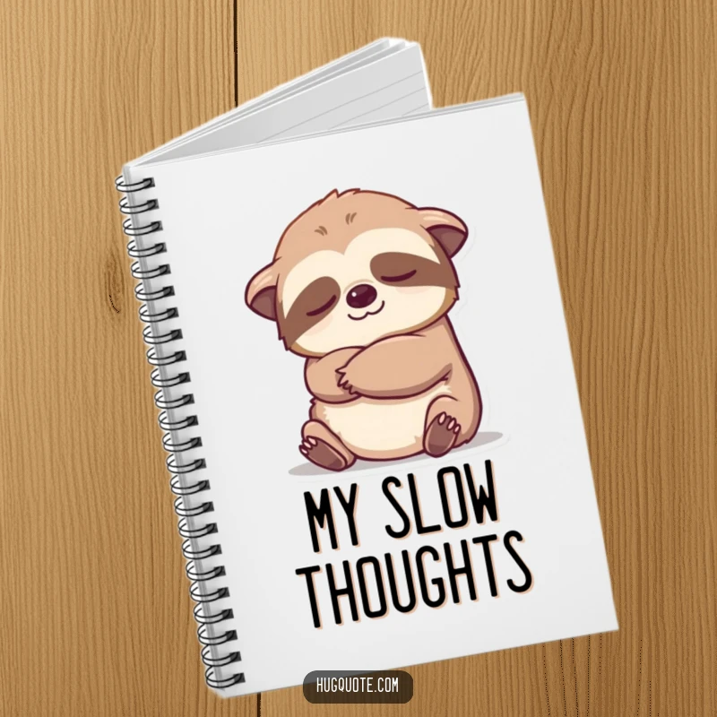 Funny sloth character embracing a notebook, symbolizing slow and thoughtful cartoon ideas.