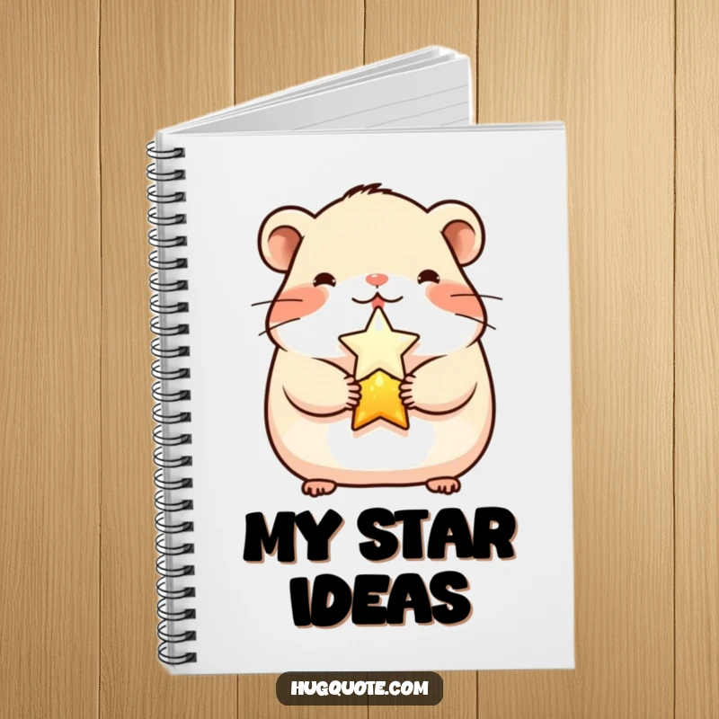 Funny cheerful hamster character hugging a shining star on a notebook, inspiring cute thoughts and joyful note-taking.