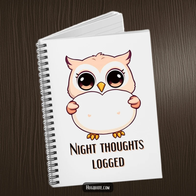 Funny notebook with a happy owl character with wide eyes, presenting a big, fluffy pillow, ideal for journaling.