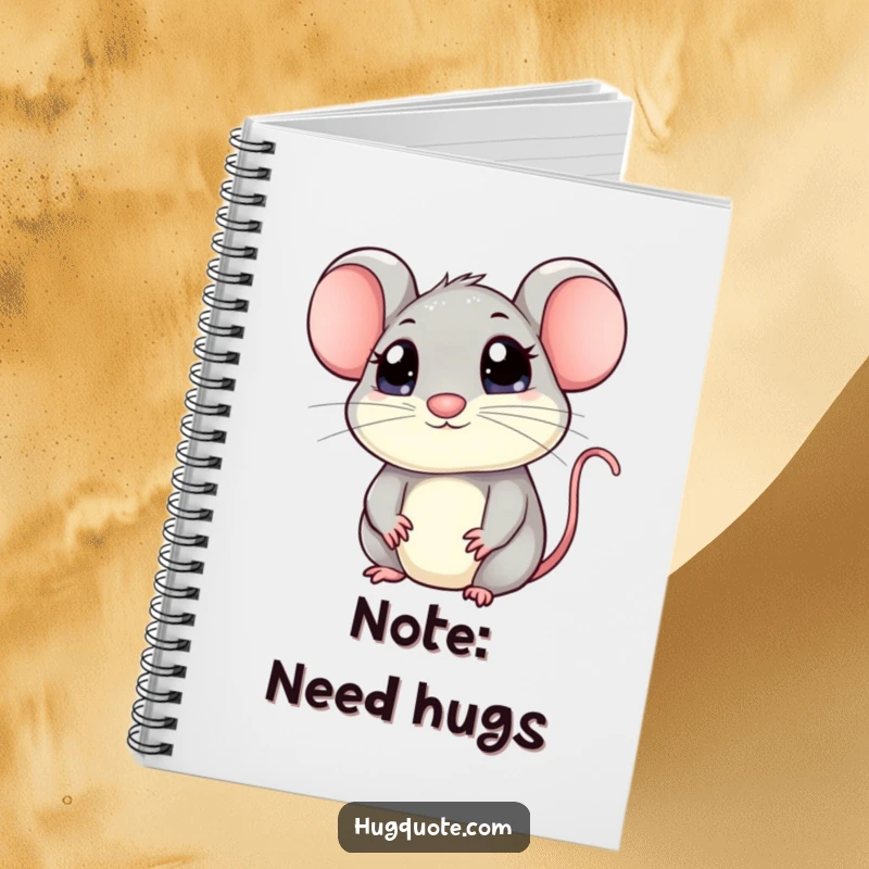 Funny mouse notebook with a kawaii mouse peeking with big eyes, inviting a hug, ideal for writing notes with a dose of cute, humorous inspiration.