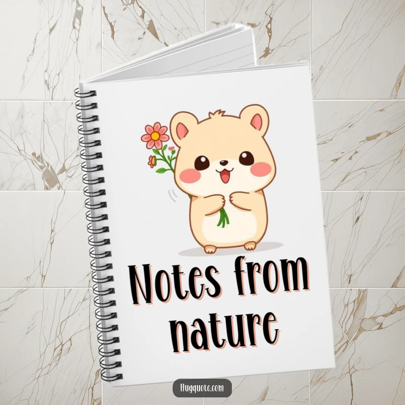 Funny notebook with a small, round animal character joyfully offering a bouquet of tiny flowers, great for notes and sketches.