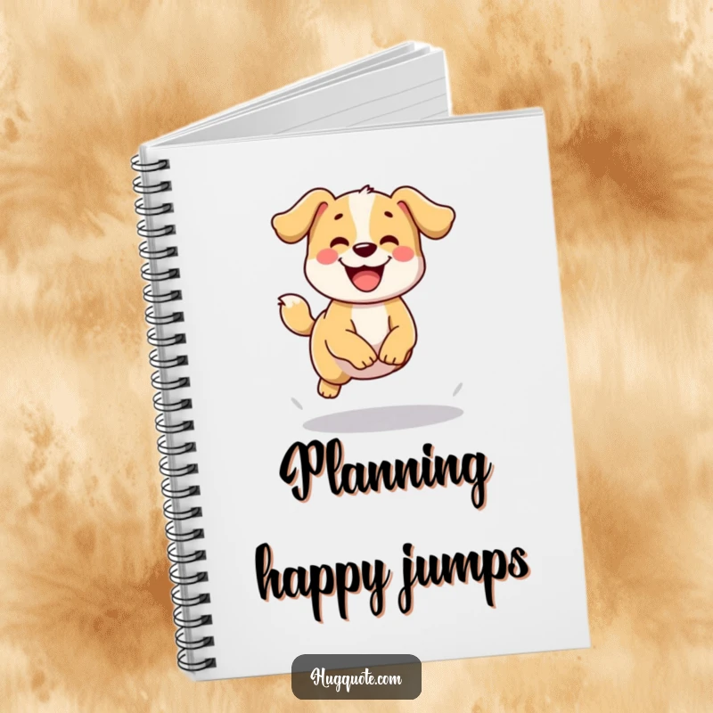 Funny notebook with a happy dog character wagging its tail and attempting a small jump, perfect for jotting down enthusiastic ideas.