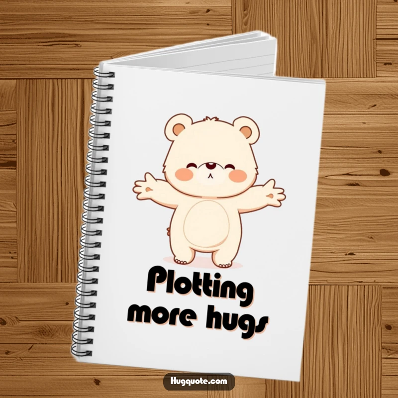 Funny notebook with a fluffy bear character extending its arms for a big, welcoming hug, ideal for note-taking and journaling.