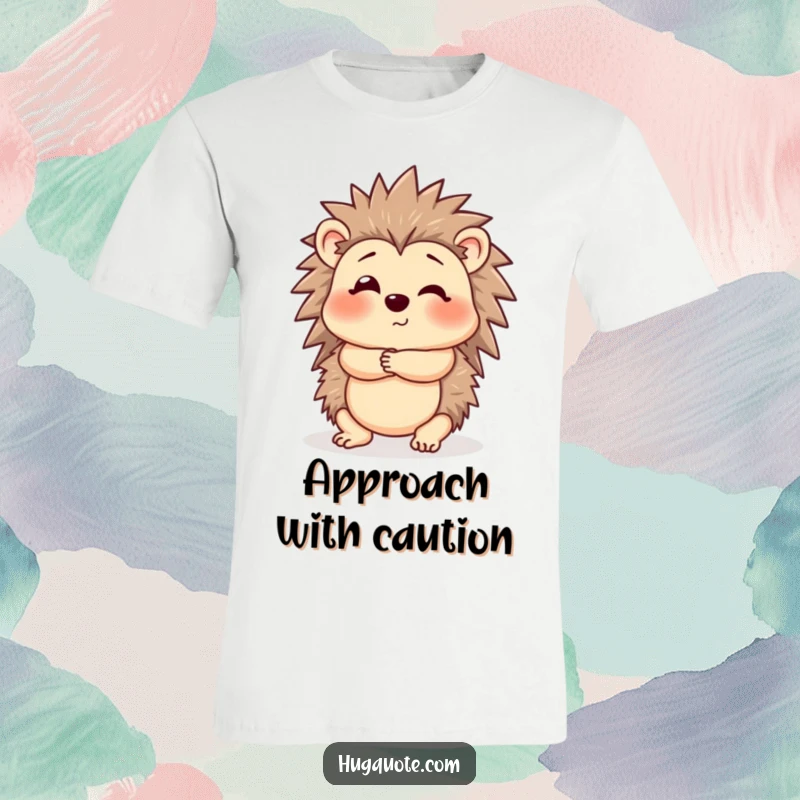 Funny Hedgehog T-Shirt showing a cute hedgehog offering a hesitant and gentle hug, perfect for shy but loving personalities.