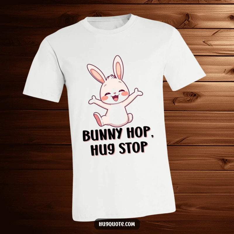 Funny t-shirt with a cute bunny character in mid-air, joyfully leaping into an open embrace with boundless energy.