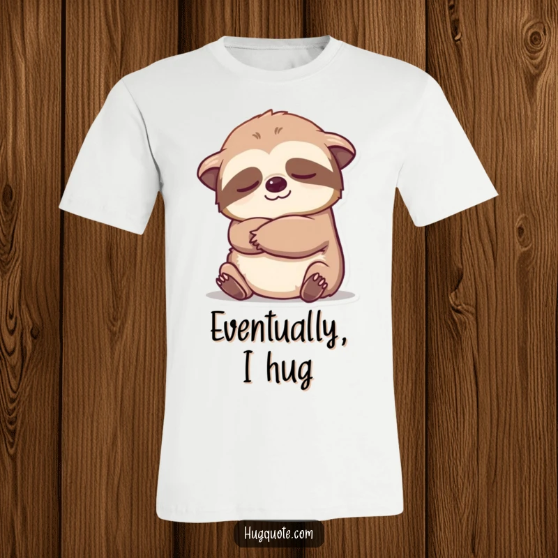 Funny sleepy sloth extending an arm for a slow hug, embodying relaxed cartoon charm on a t-shirt.