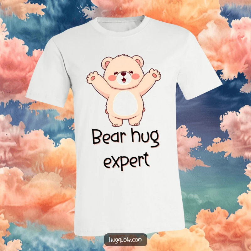 Funny t-shirt featuring a fluffy bear character enthusiastically wrapping its arms around empty air, a humorous depiction of affection.