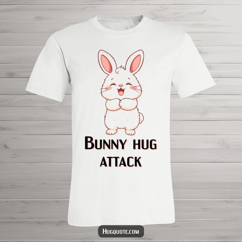 Funny t-shirt featuring a fluffy bunny character joyfully giving a warm hug to an unseen friend, emphasizing friendship and love.
