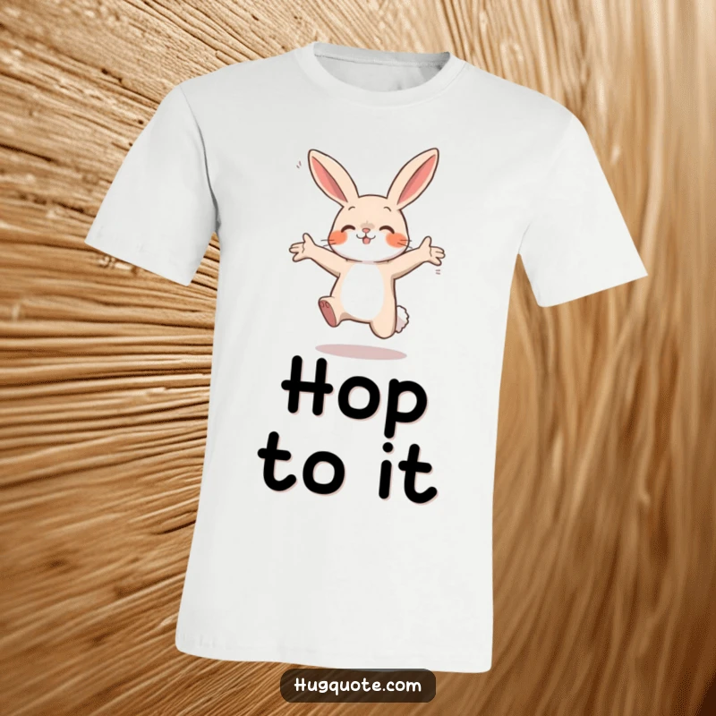 Funny t-shirt depicting a small bunny character leaping enthusiastically with open arms, conveying eagerness and playful affection.