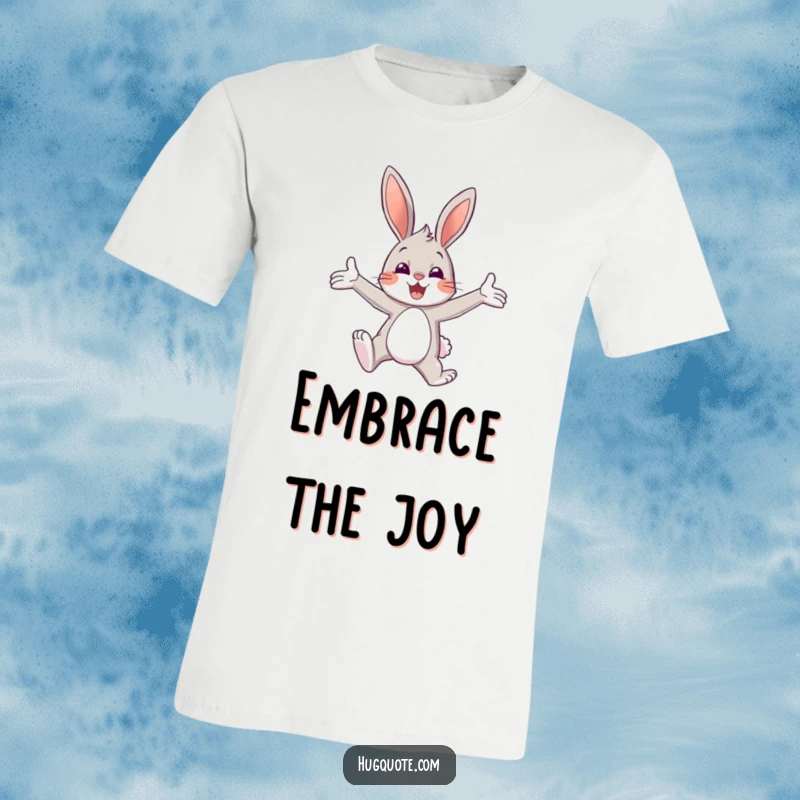 Funny t-shirt depicting a bunny character joyfully leaping with open arms, ready for a warm, cheerful embrace.