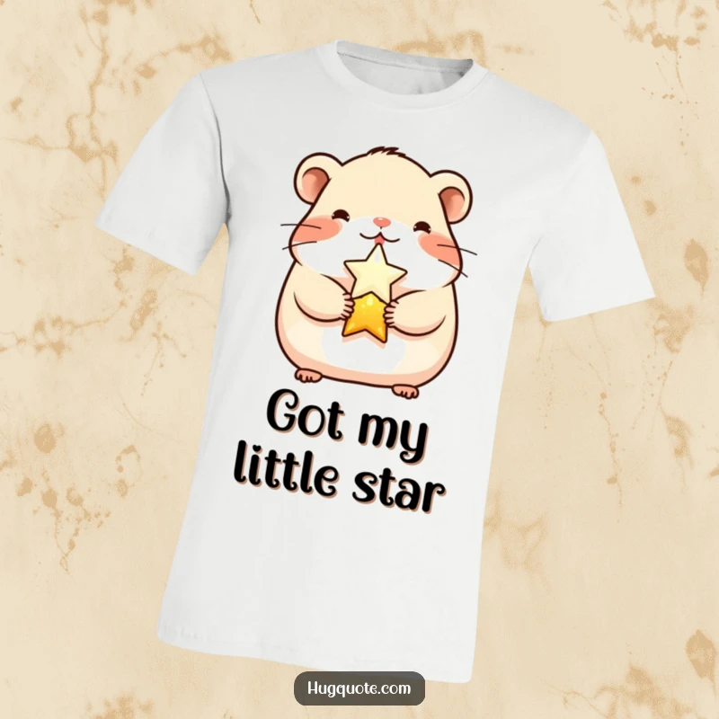 Funny cheerful hamster character hugging a twinkling star on a t-shirt, showcasing adorable cuteness and a positive vibe.