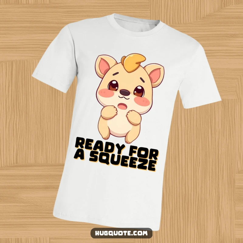 Funny t-shirt showing an excited creature looking curious, poised to deliver a delightful and heartfelt hug.