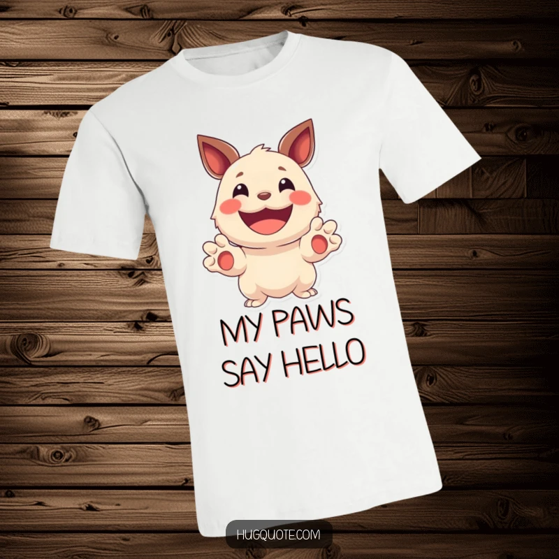 Funny t-shirt showcasing a delightful creature with a wide beaming smile, extending its paws forward, inviting warmth and happiness.