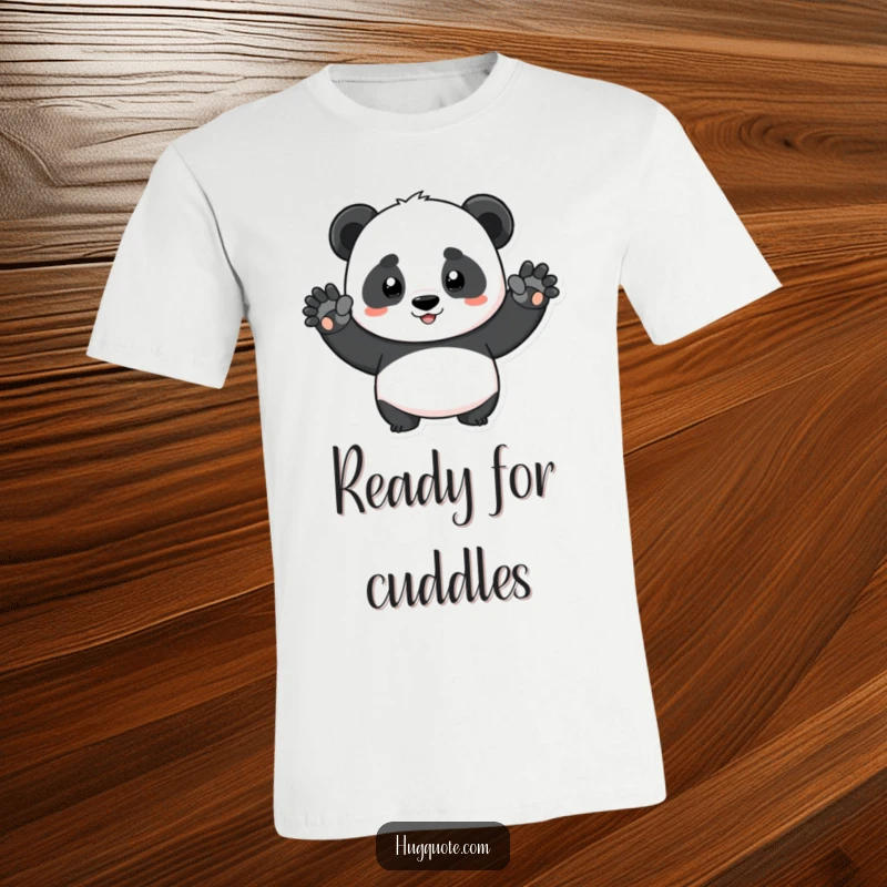 Funny determined panda character stretching its arms out for a big hug on a t-shirt, perfect for panda lovers.
