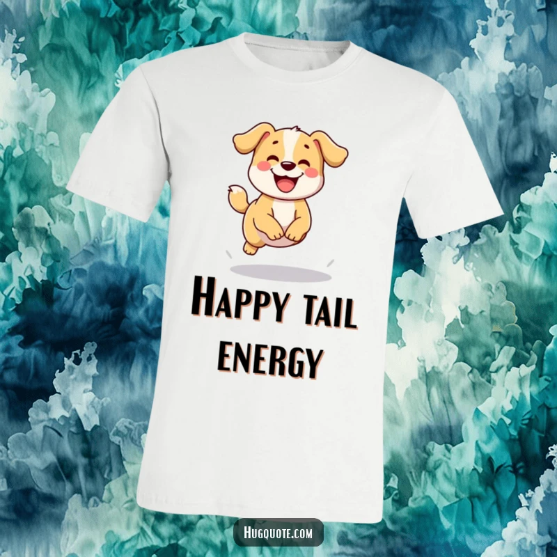 Funny t-shirt depicting a happy dog character wagging its tail and attempting a small jump, showcasing pure canine delight.