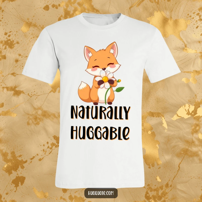 Funny t-shirt depicting a small fox character giving a big, happy hug to a colorful flower, embodying friendship.