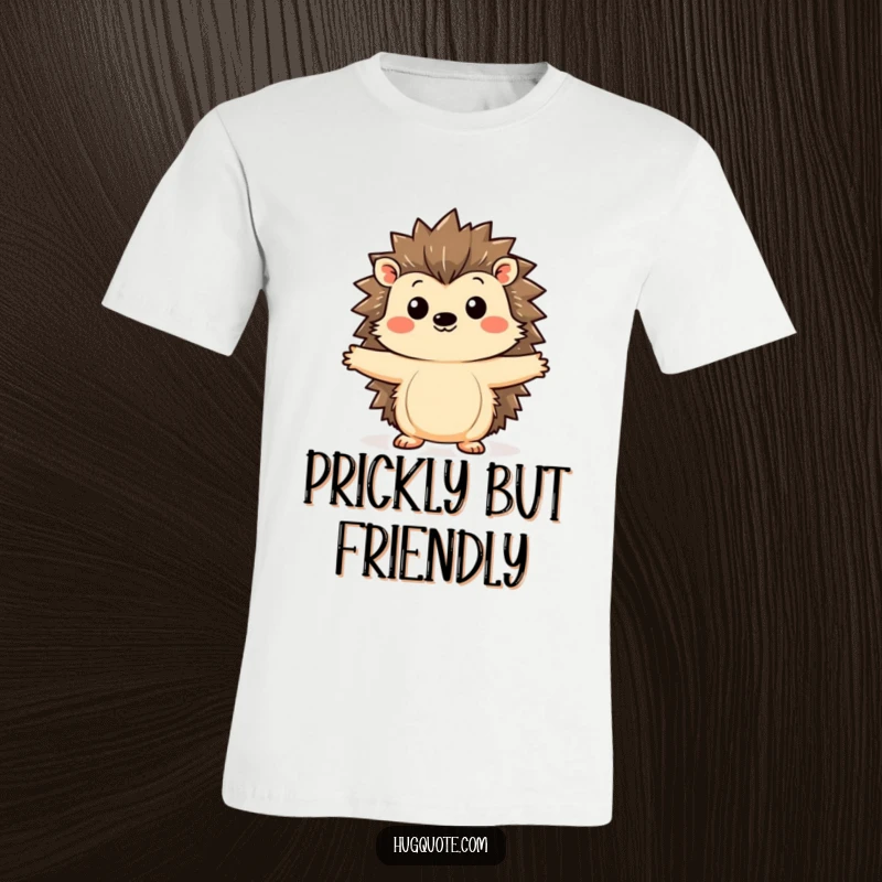 Funny hedgehog t-shirt featuring a kawaii hedgehog curiously extending its arms, ready to offer a gentle, warm, and affectionate hug.