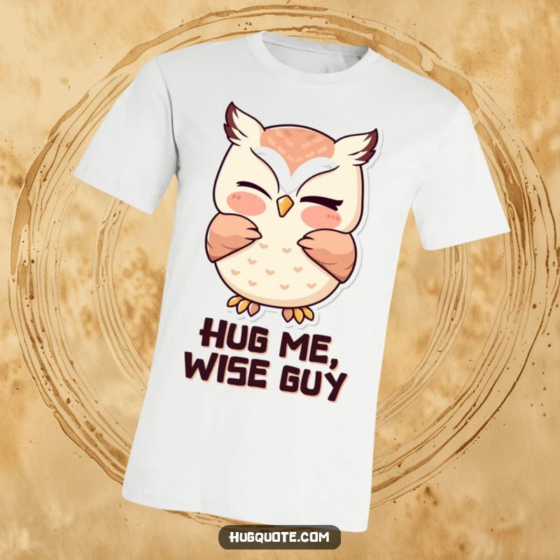 Funny owl t-shirt featuring an adorable kawaii owl giving a gentle hug while winking, conveying warmth, friendship, and playful affection.