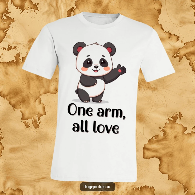 Funny panda character giving a silly, one-armed hug, exuding cartoon cuteness and warmth on a t-shirt.