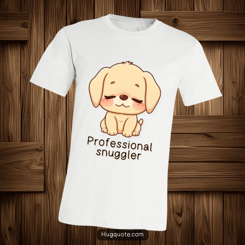 Funny t-shirt depicting a cute puppy character tenderly nuzzling with eyes closed, full of sweet, loving affection.