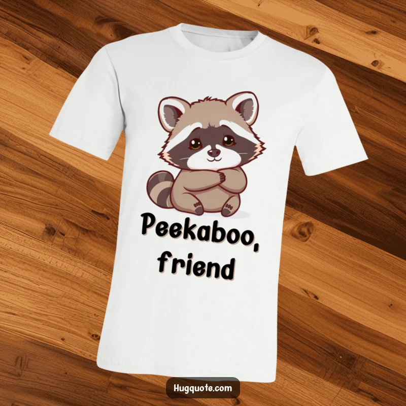 Funny Raccoon T-Shirt depicting a curious raccoon peeking out from behind a hug, highlighting playful intrigue.