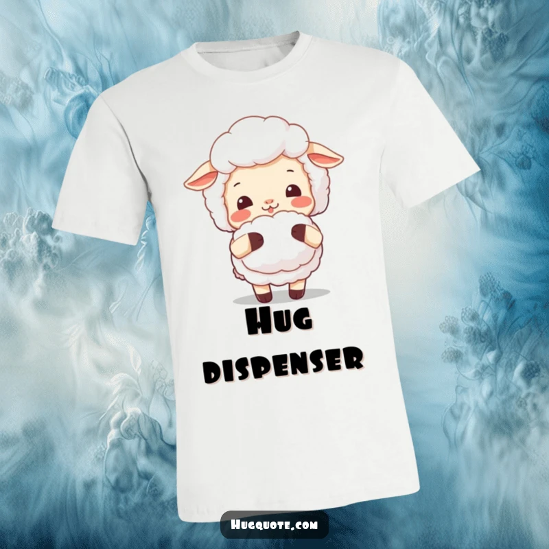 Funny sheep t-shirt featuring a smiling character giving a fluffy, warm hug, perfect for expressing comfort and cheerfulness.