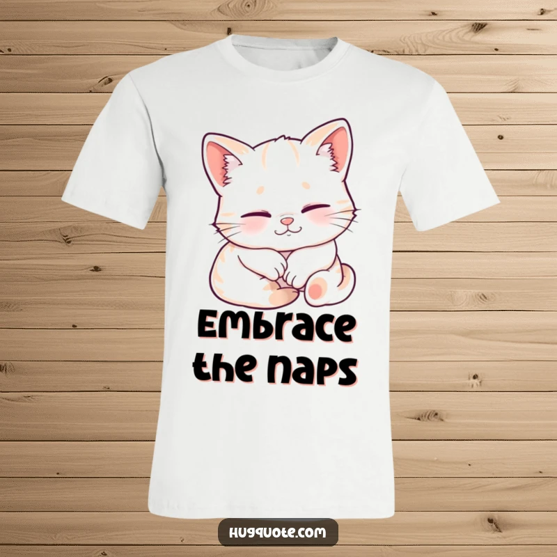 Funny t-shirt depicting a sleepy kitten character smiling contentedly while being embraced, perfect for lounging and showing affection.