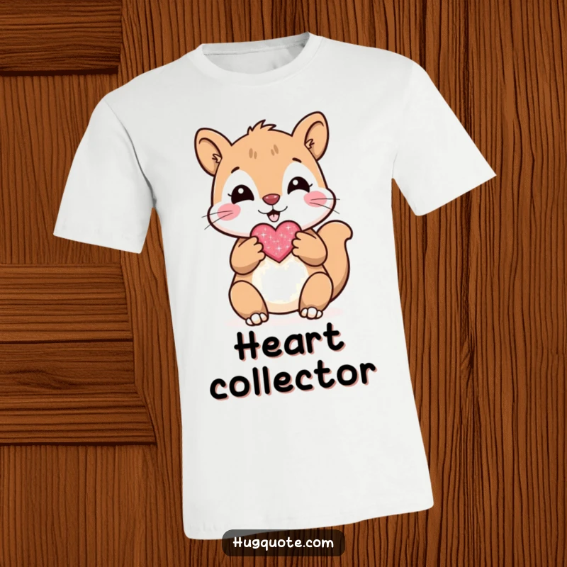 Funny t-shirt showcasing a cheerful squirrel character presenting a small, sparkly heart with both paws, radiating warmth.