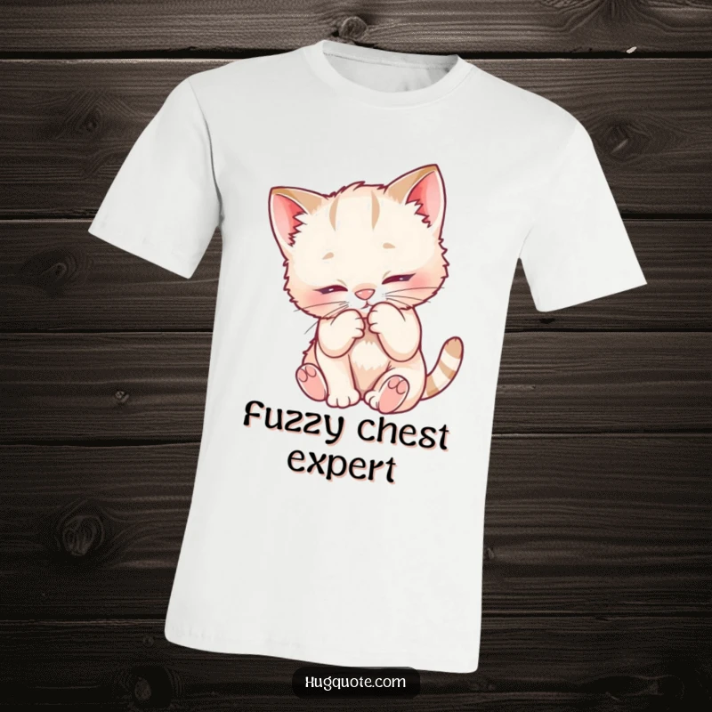Funny t-shirt featuring a playful kitten nuzzling deeply into a soft, fuzzy chest, showing ultimate comfort and feline affection.