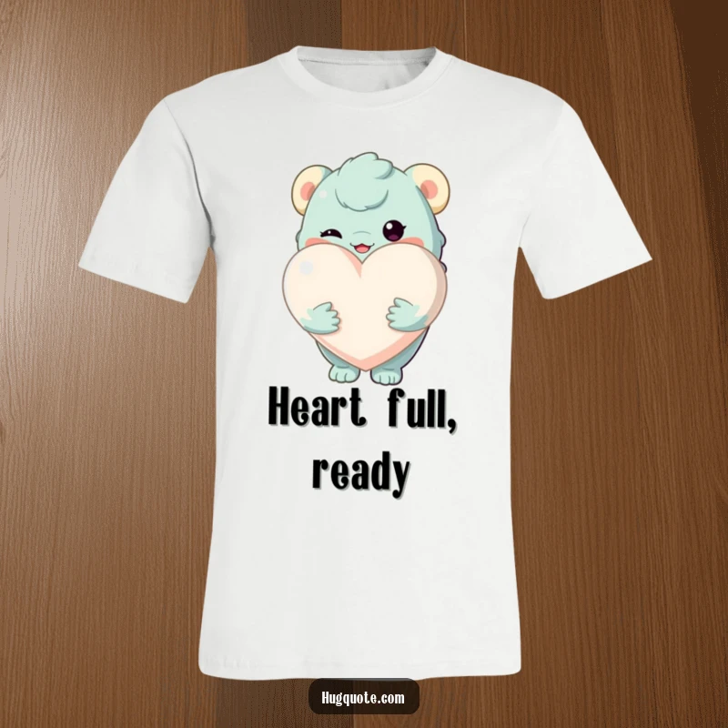 Funny t-shirt showing a creature holding a large, soft heart, symbolizing love, kindness, and big affection.