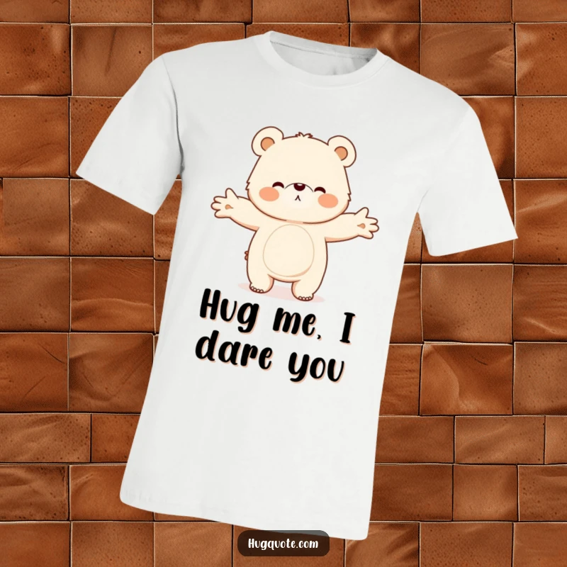 Funny t-shirt featuring a fluffy bear character with open arms, inviting a warm and joyful big hug, perfect for animal lovers.