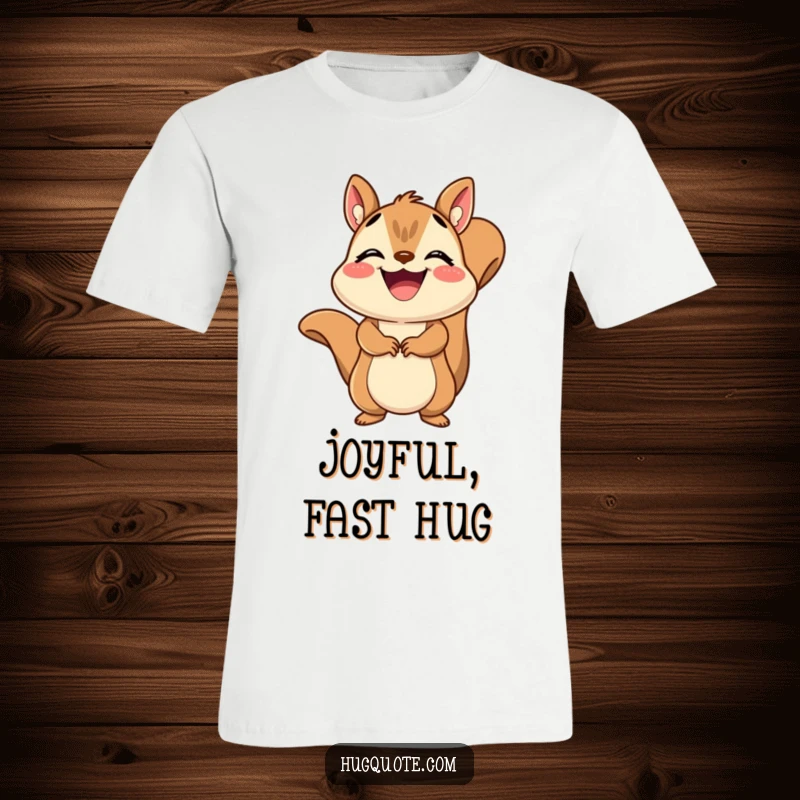 Funny Squirrel T-Shirt depicting a grinning squirrel giving a quick, joyful embrace, conveying pure happiness.