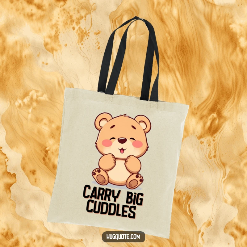 Funny tote bag featuring a brave bear cub character tentatively extending its paws, inviting a warm and comforting hug.