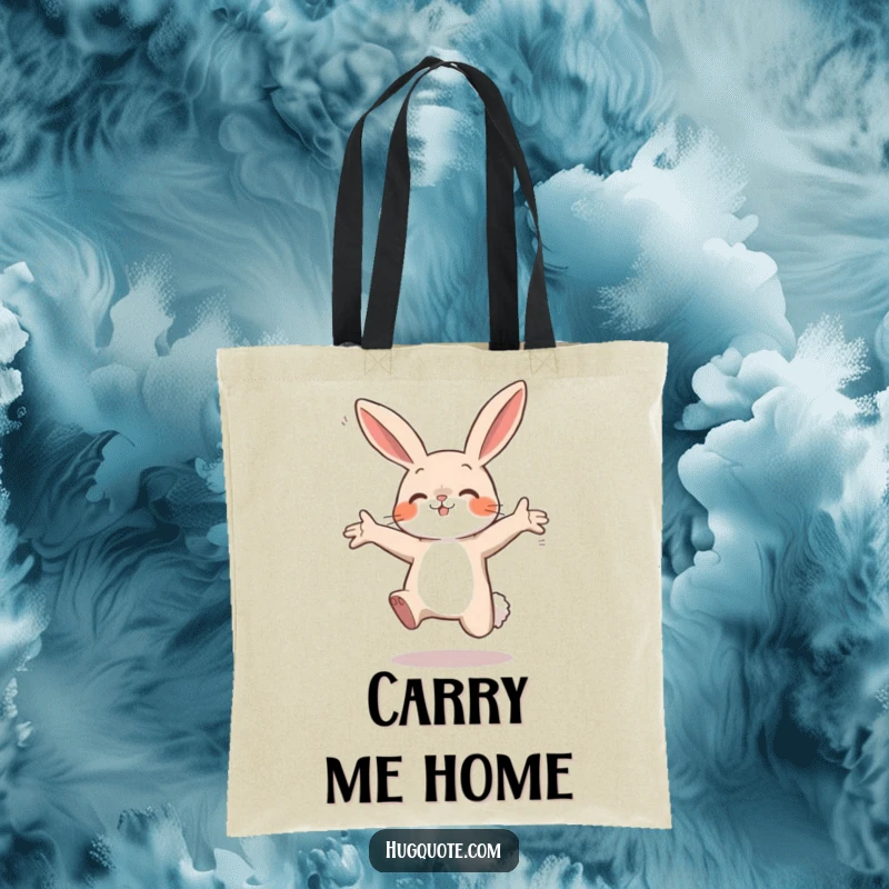 Funny tote bag with a small bunny character leaping with open arms, ready to embrace, symbolizing enthusiasm and cheer.