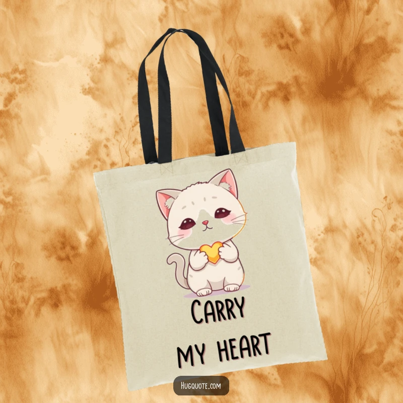 Funny tote bag featuring a shy cat character offering a tiny, glowing heart, symbolizing sweet affection and gentle love.