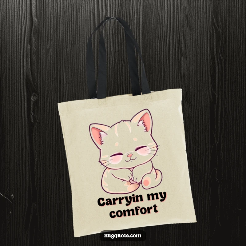 Funny tote bag with a sleepy kitten character smiling contentedly while being embraced, perfect for carrying essentials with charm.