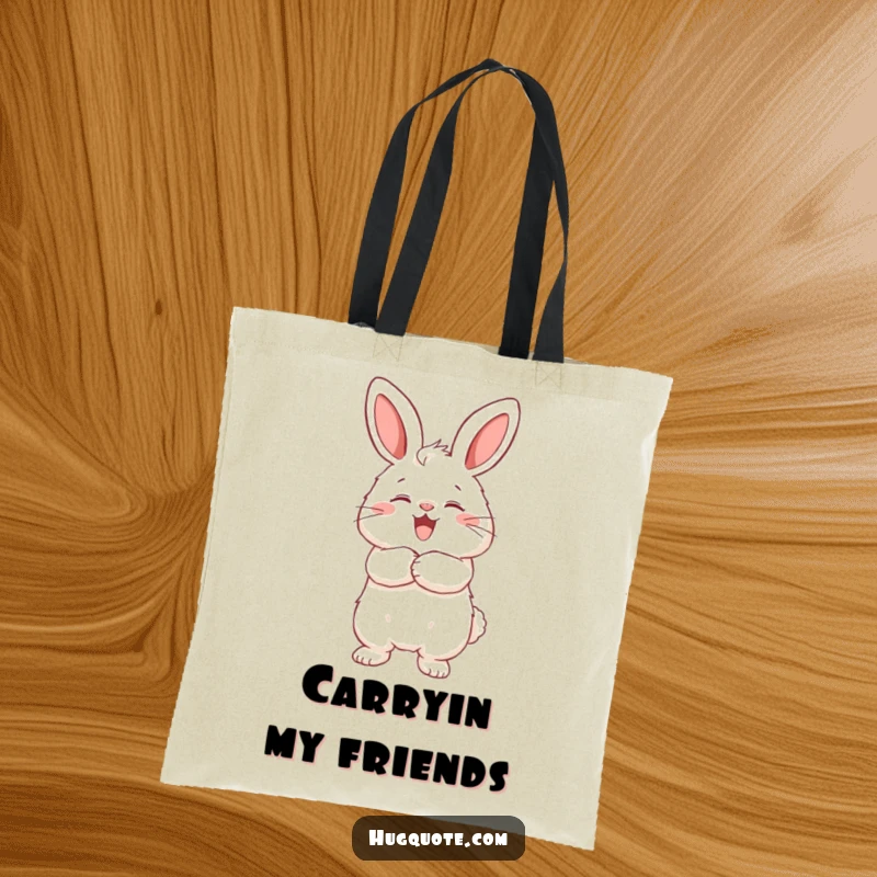 Funny tote bag with a fluffy bunny character joyfully wrapping its arms around an unseen friend, perfect for everyday use.