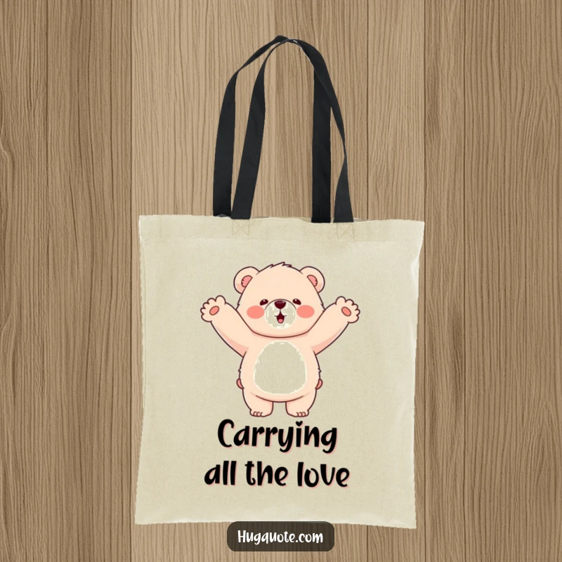 Funny tote bag featuring a fluffy bear character enthusiastically hugging empty air, a whimsical and humorous accessory.