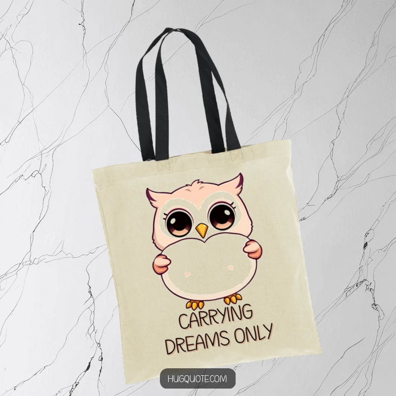 Funny tote bag featuring a happy owl character with wide, curious eyes, holding a big, fluffy heart-shaped pillow.
